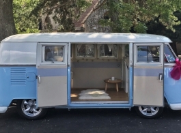 Classic White and Blue Campervan for weddings in Canterbury